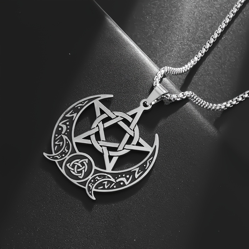 Vintage Mystery Stainless Steel Celtic Pentagram Moon Pendant Necklace